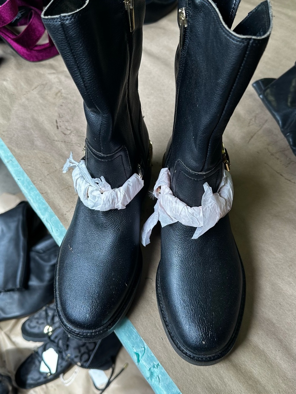 Black Leather Mid-Calf Boots with Buckle Detail